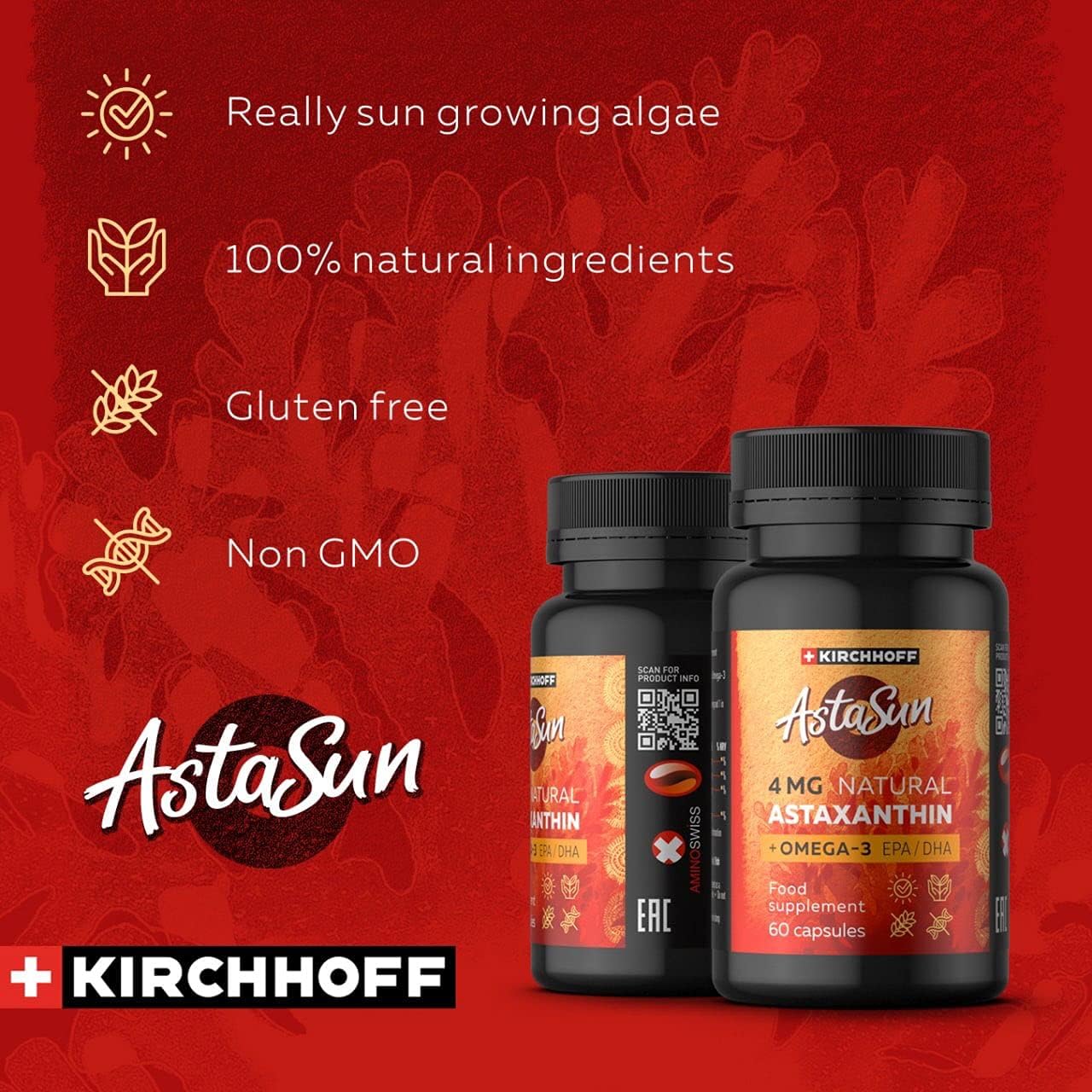 Premium Swiss Lab-Tested Astaxanthin AstaSun Capsules for Skin, Eyes, and Joints - 60ct with EPADHA Omega 3 - 4mg