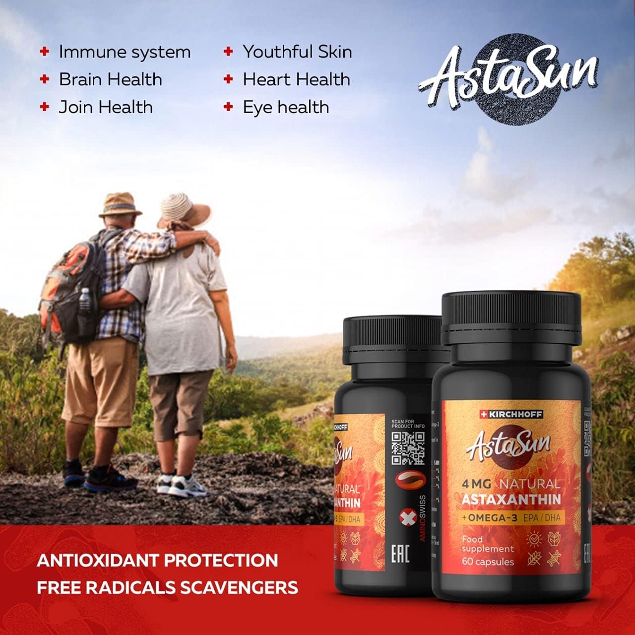 Premium Swiss Lab-Tested Astaxanthin AstaSun Capsules for Skin, Eyes, and Joints - 60ct with EPADHA Omega 3 - 4mg