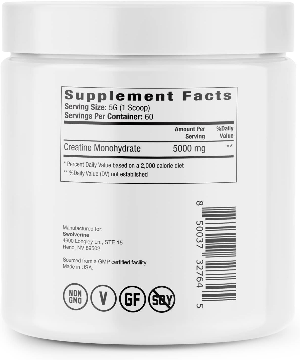 Premium Swolverine Creatine Monohydrate Powder - Micronized Kre-Alkalyn for Enhanced Power, Strength, and Performance - Unflavored, 60 Servings