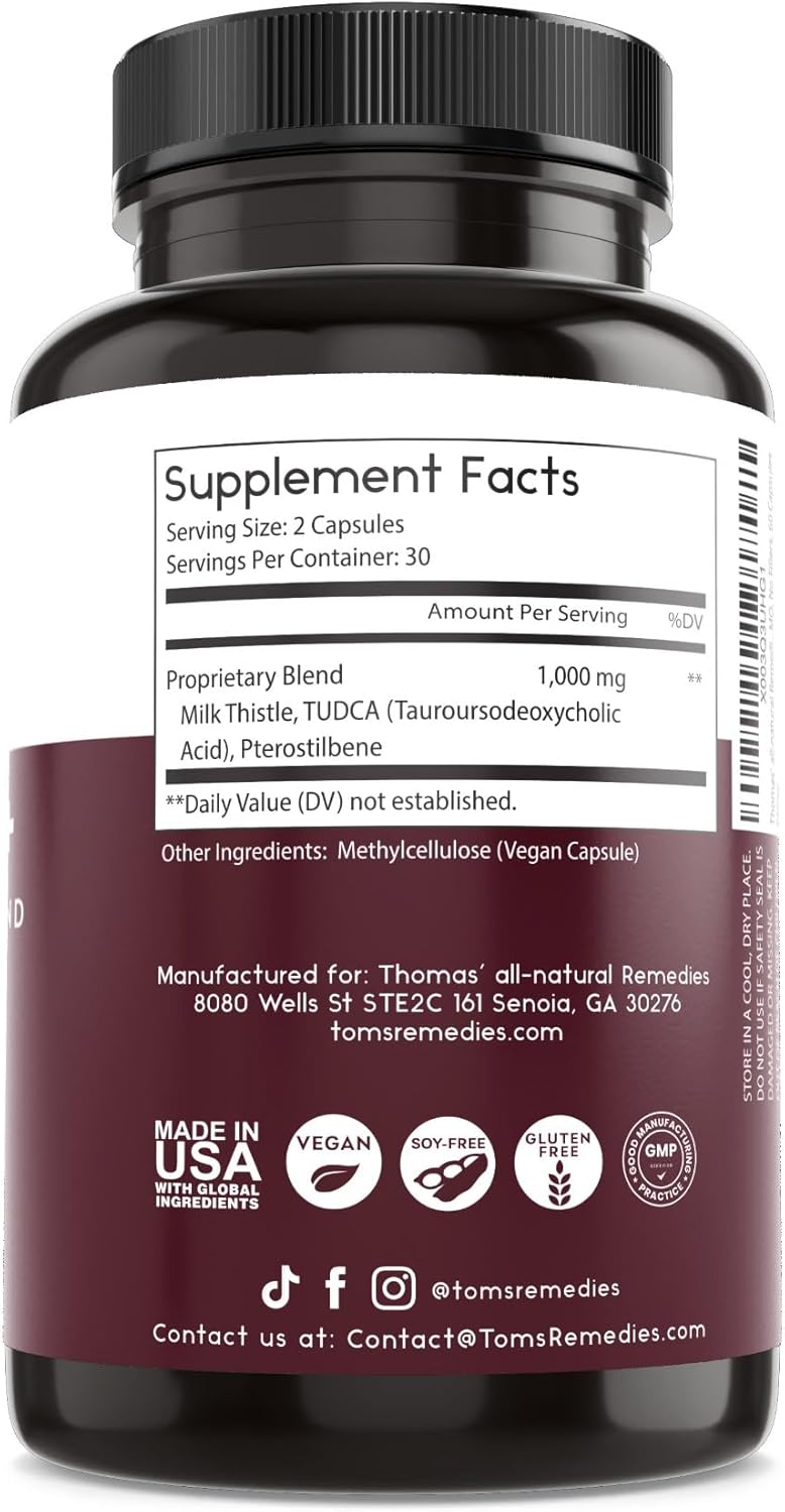 Premium Thomas' All-Natural Tudca Liver Support Supplement - 60 Capsules (500mg) - Vegan, Non-GMO, No Fillers - Tauroursodeoxycholic Acid - 1000mg Per Serving