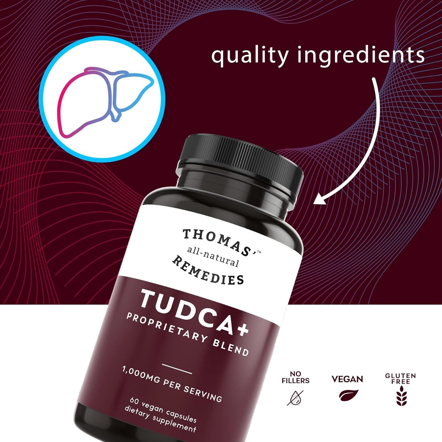 Premium Thomas' All-Natural Tudca Liver Support Supplement - 60 Capsules (500mg) - Vegan, Non-GMO, No Fillers - Tauroursodeoxycholic Acid - 1000mg Per Serving