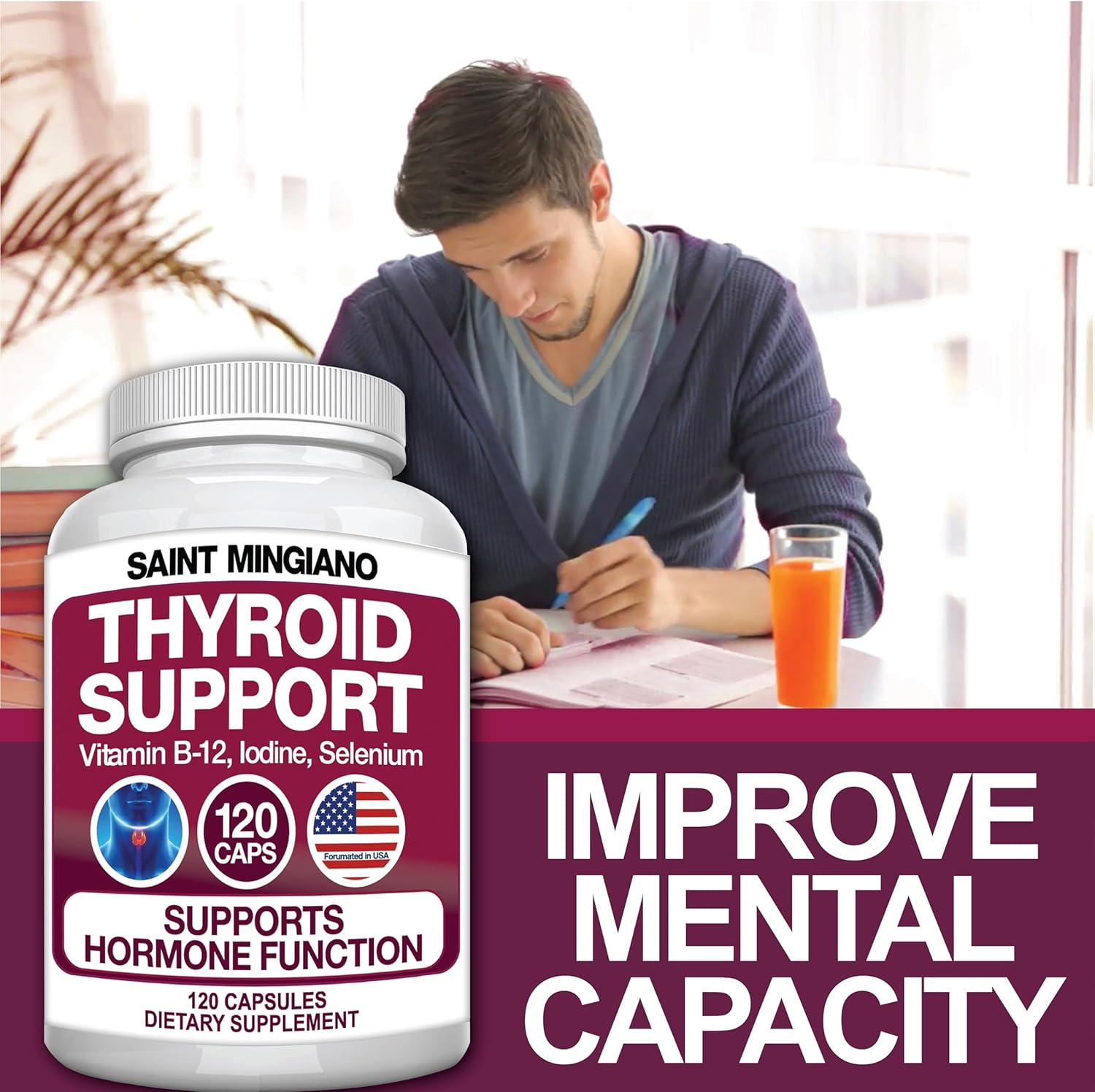 Premium Thyroid Support Supplement with Iodine - 120 Capsules for Energy Boost & Focus | Natural Vitamins for Cardiovascular Health