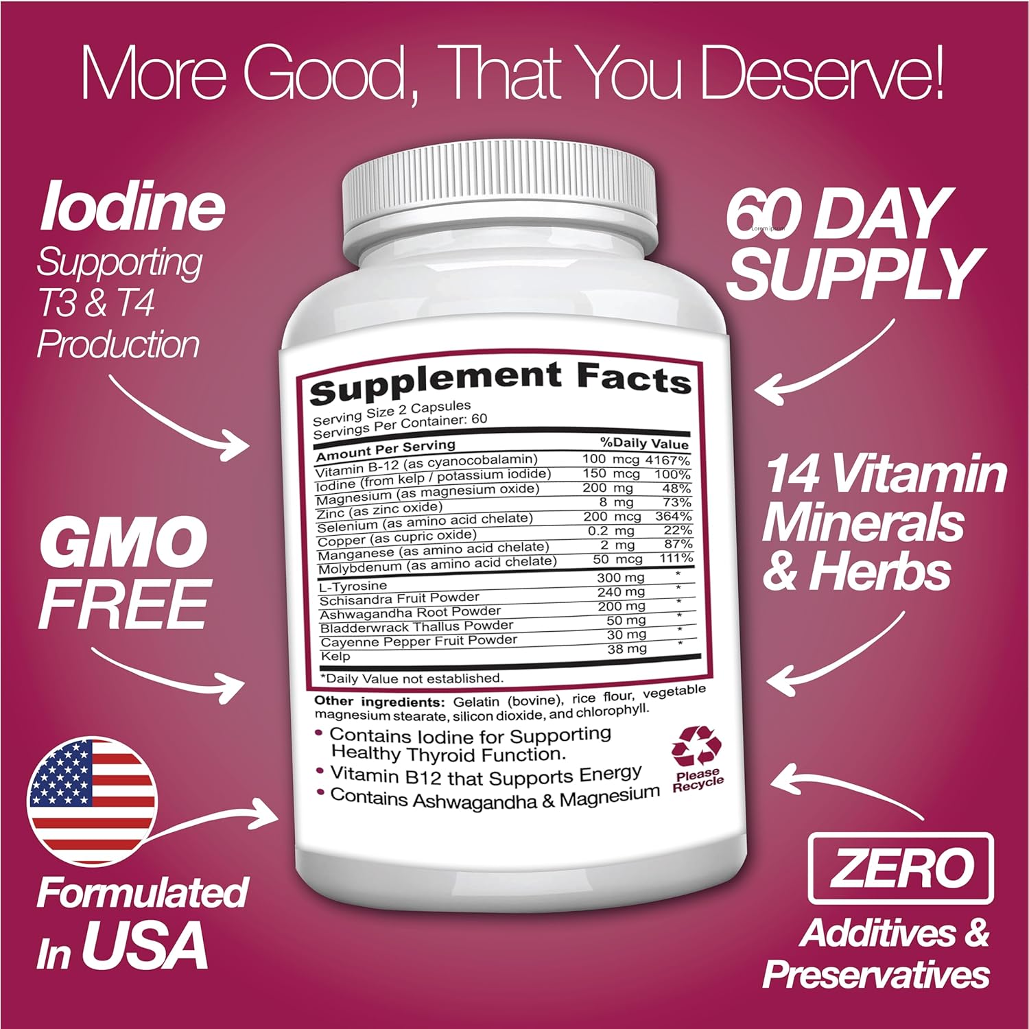 Premium Thyroid Support Supplement with Iodine - 120 Capsules for Energy Boost & Focus | Natural Vitamins for Cardiovascular Health