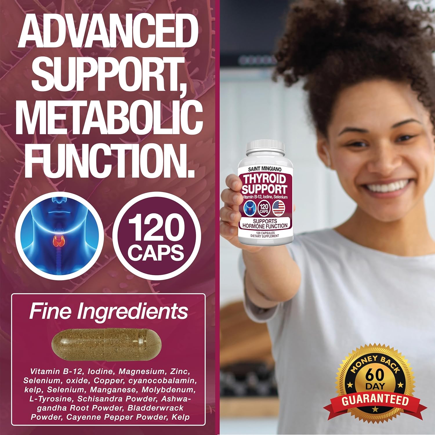 Premium Thyroid Support Supplement with Iodine - 120 Capsules for Energy Boost & Focus | Natural Vitamins for Cardiovascular Health