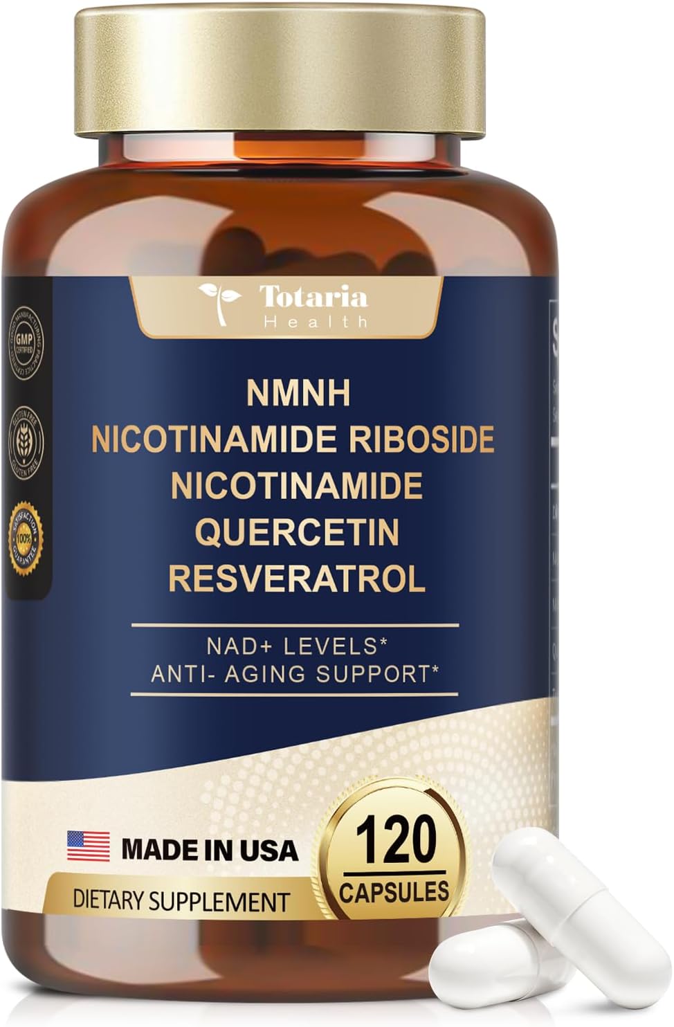 Premium Totaria NMNH Supplement with Flash-Free Niacinamide, Quercetin, and Trans-Resveratrol - 120 Capsules