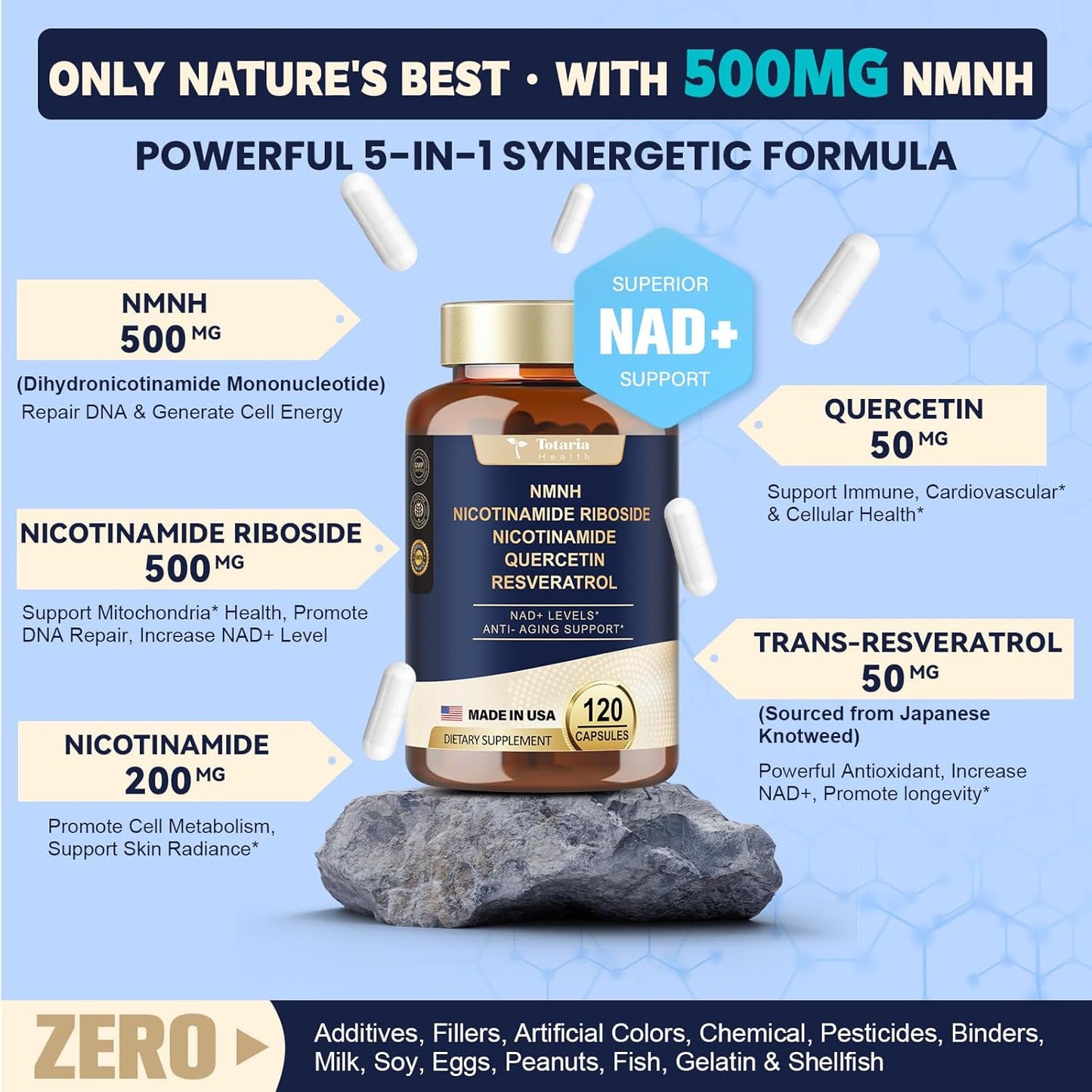 Premium Totaria NMNH Supplement with Flash-Free Niacinamide, Quercetin, and Trans-Resveratrol - 120 Capsules