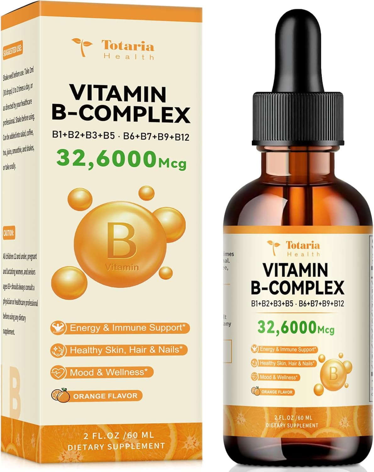 Premium Totaria Vitamin B Complex Liquid - 2 Fl. Oz, B1, B2, B3, B5, B6, B7, B9, B12