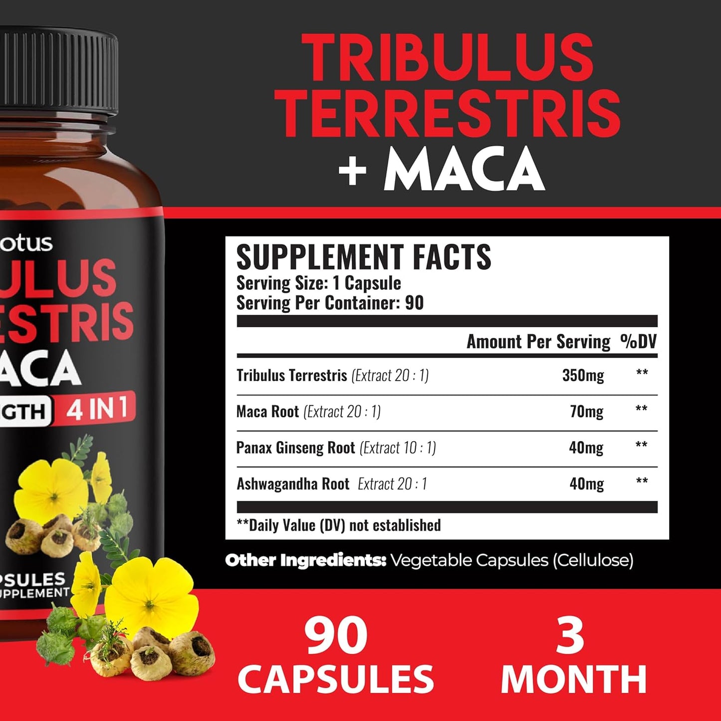 Premium Tribulus Terrestris Capsules with Ashwagandha, Panax Ginseng, & Maca - Boost Energy, Mood, Stamina, & Immune Support - 90 Count for 3 Months