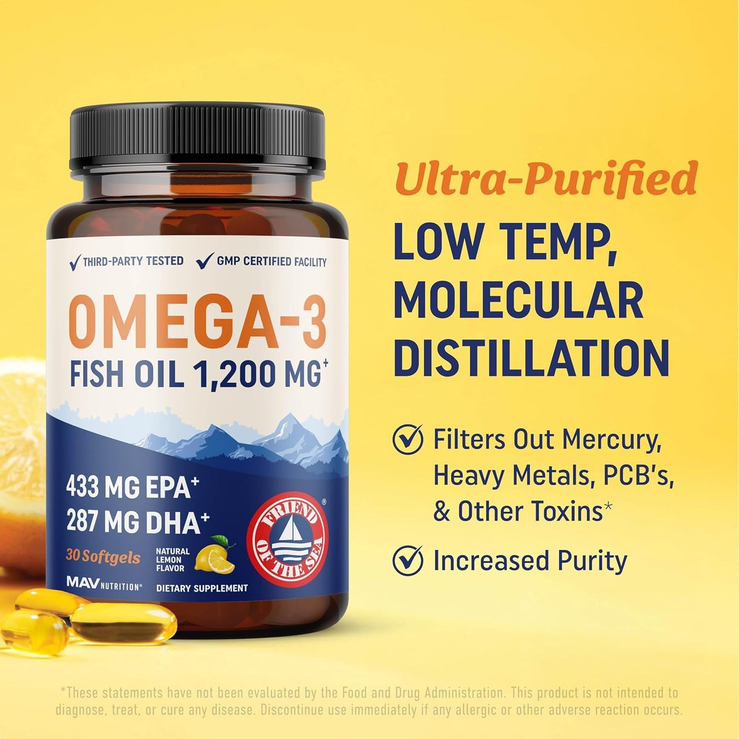 Premium Triple Strength Omega-3 Fish Oil 1200mg | EPA & DHA | Wild Caught, Sustainably Sourced | Burpless Softgels | Non-GMO | 30 Count