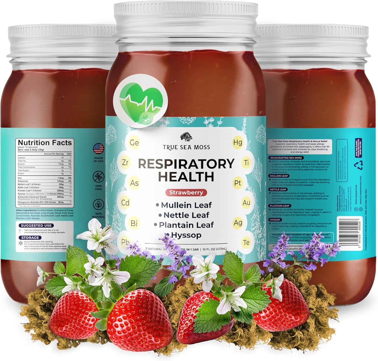 Premium TrueSeaMoss Gel for Respiratory Health - 5+ Fruit Flavors - Vegan-Friendly Supplement with Sea Moss, Potassium, Vitamins, and Minerals - Made in USA - Strawberry Flavor, Pack of 1