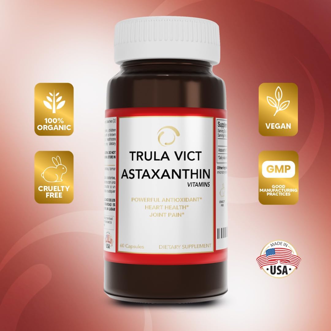 Premium TRULA VICT Astaxanthin Capsules 50mg - 60 Pills, Antioxidant Supplement for Sports Nutrition, Immunity, Eye, Joint, Cardiovascular Health