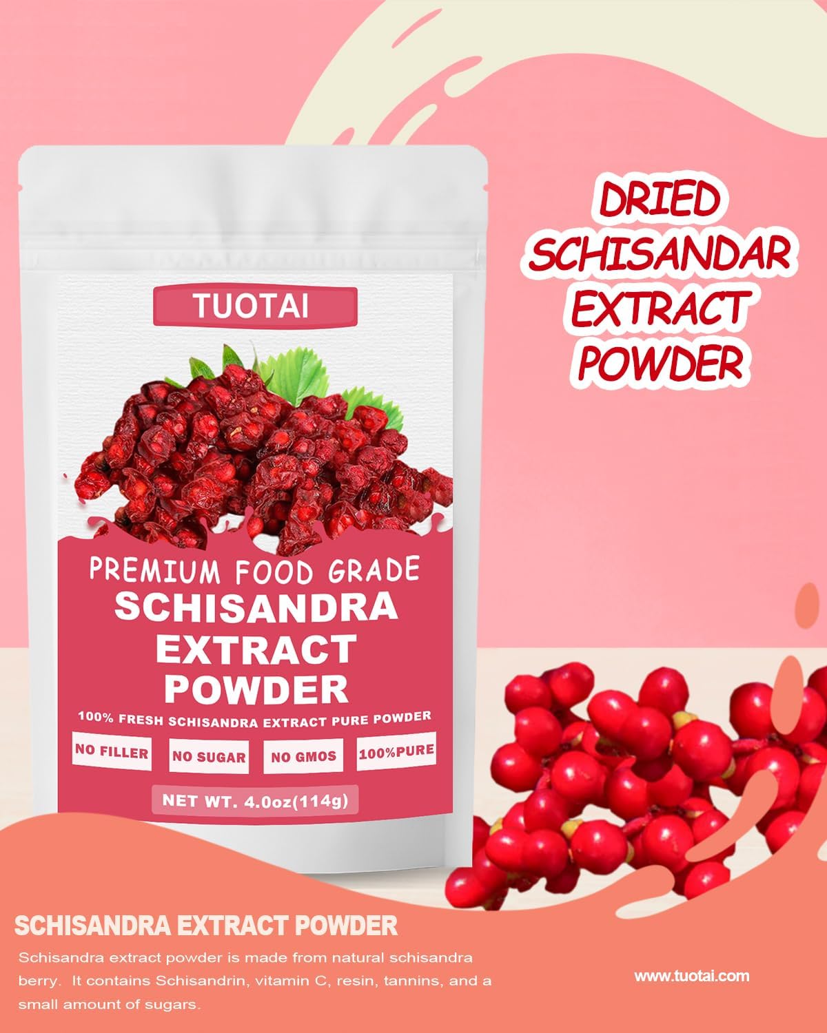 Premium TUOTAI Schisandra Extract Powder 10:1 - 100% Natural, GMO-Free, Additive-Free, Vegan Friendly