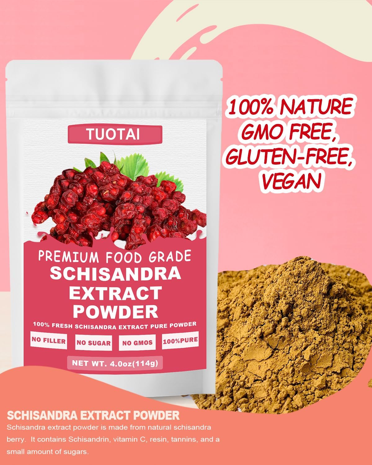 Premium TUOTAI Schisandra Extract Powder 10:1 - 100% Natural, GMO-Free, Additive-Free, Vegan Friendly