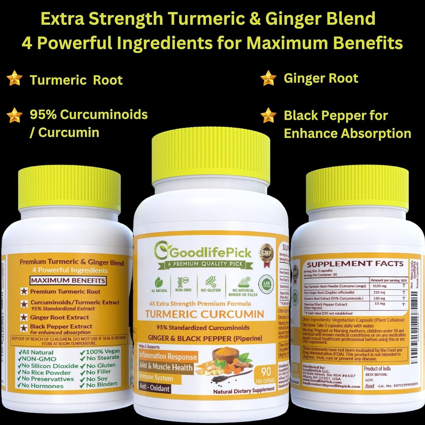 Premium Turmeric Capsules with Ginger and Black Pepper - 95% Curcuminoids - Non-GMO - 90ct Bottle