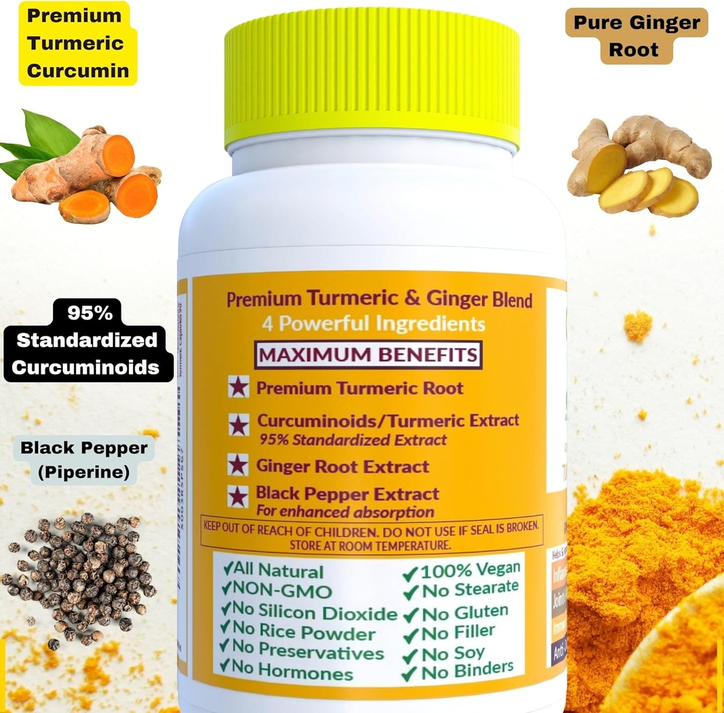 Premium Turmeric Capsules with Ginger and Black Pepper - 95% Curcuminoids - Non-GMO - 90ct Bottle
