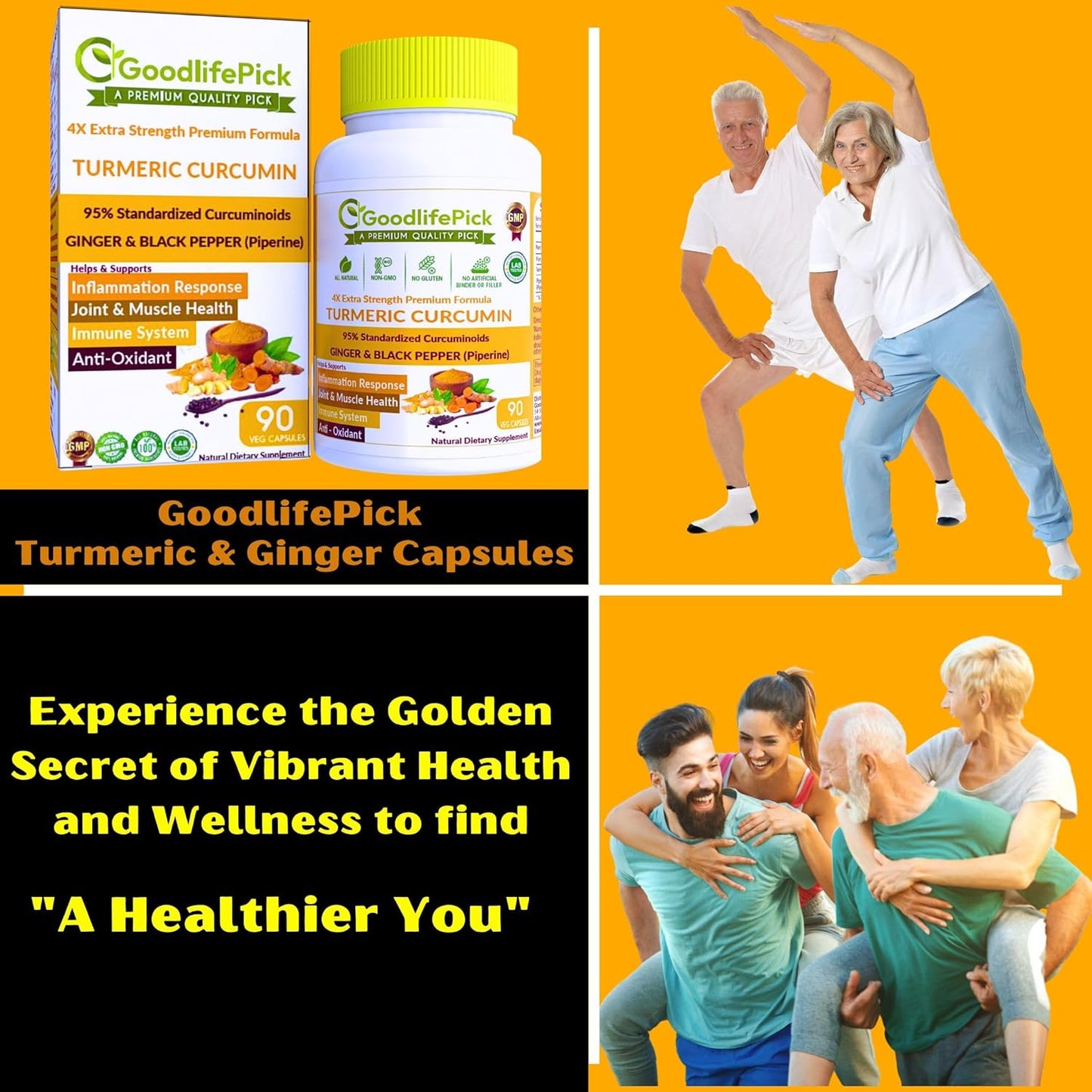 Premium Turmeric Capsules with Ginger and Black Pepper - 95% Curcuminoids - Non-GMO - 90ct Bottle