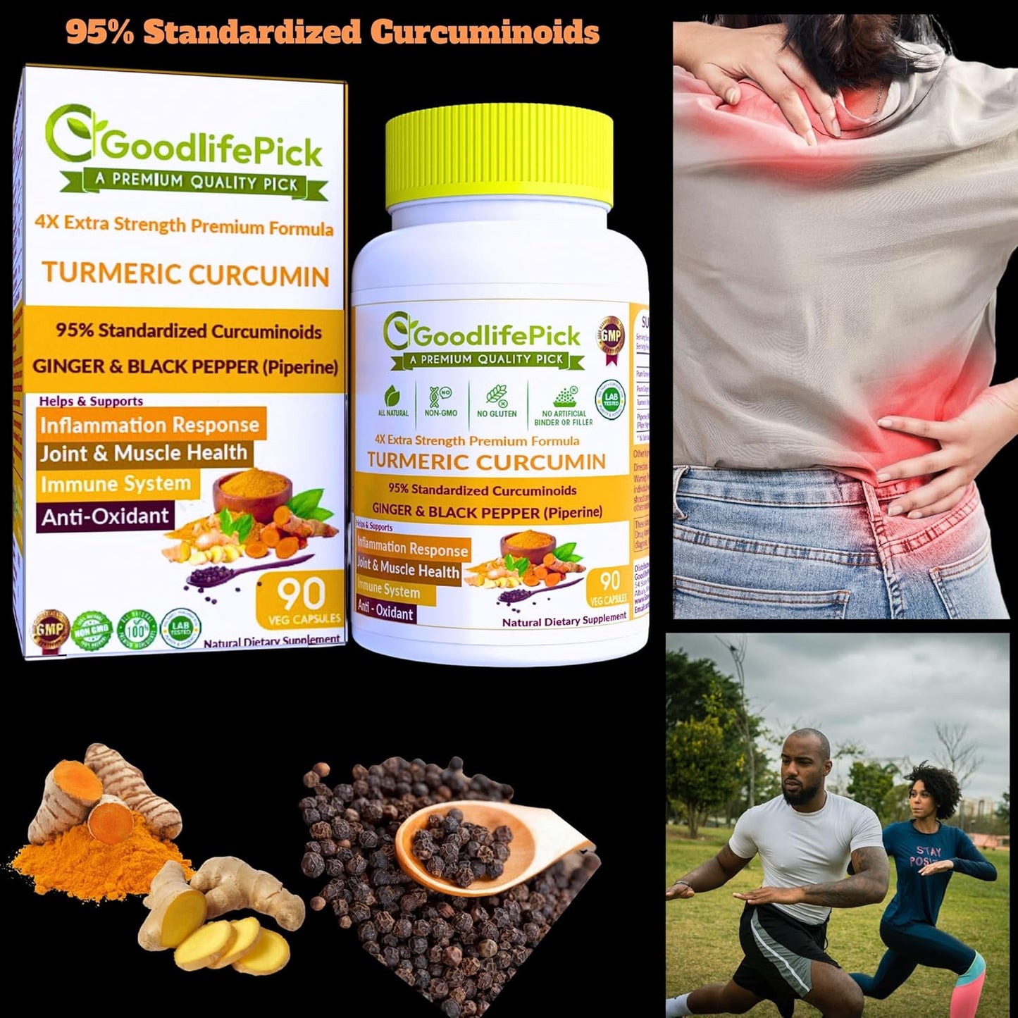 Premium Turmeric Capsules with Ginger and Black Pepper - 95% Curcuminoids - Non-GMO - 90ct Bottle