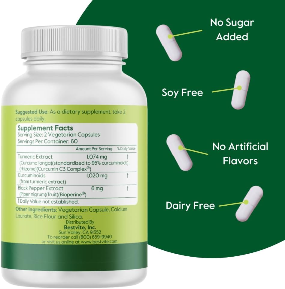 Premium Turmeric Curcumin Capsules 510mg (120 ct) with Curcumin C3 Complex & Bioperine - 95% Curcuminoids - Vegan, Non-GMO, Gluten-Free