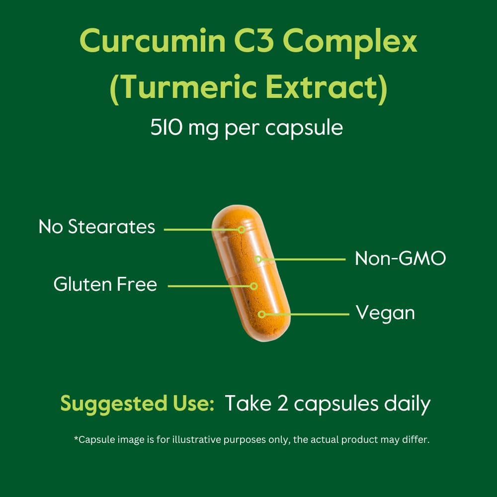 Premium Turmeric Curcumin Capsules 510mg (120 ct) with Curcumin C3 Complex & Bioperine - 95% Curcuminoids - Vegan, Non-GMO, Gluten-Free