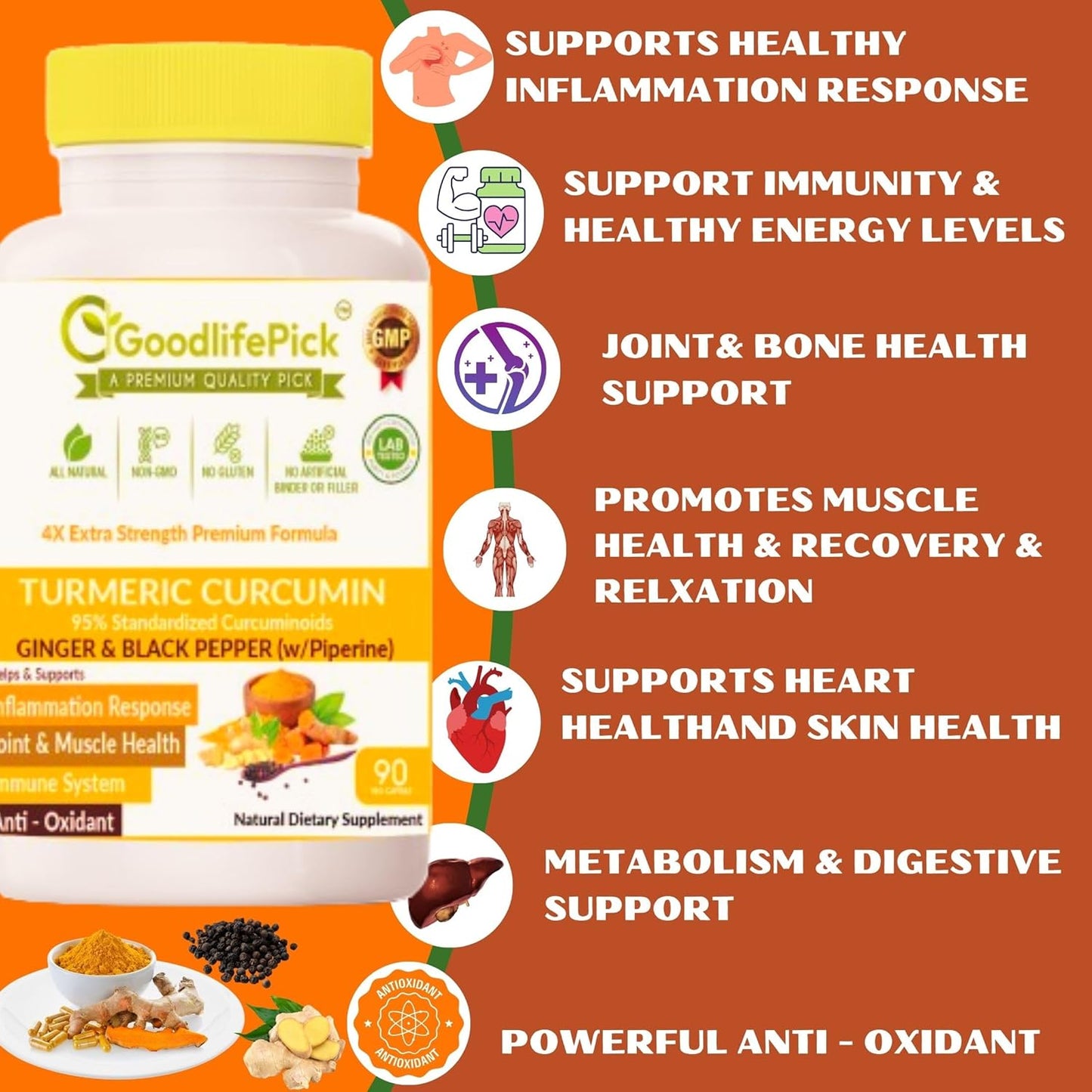 Premium Turmeric Curcumin with Ginger Capsules - Extra Strength Formula with 95% Curcuminoids & Black Pepper - Non-GMO, Gluten-Free - 90 ct