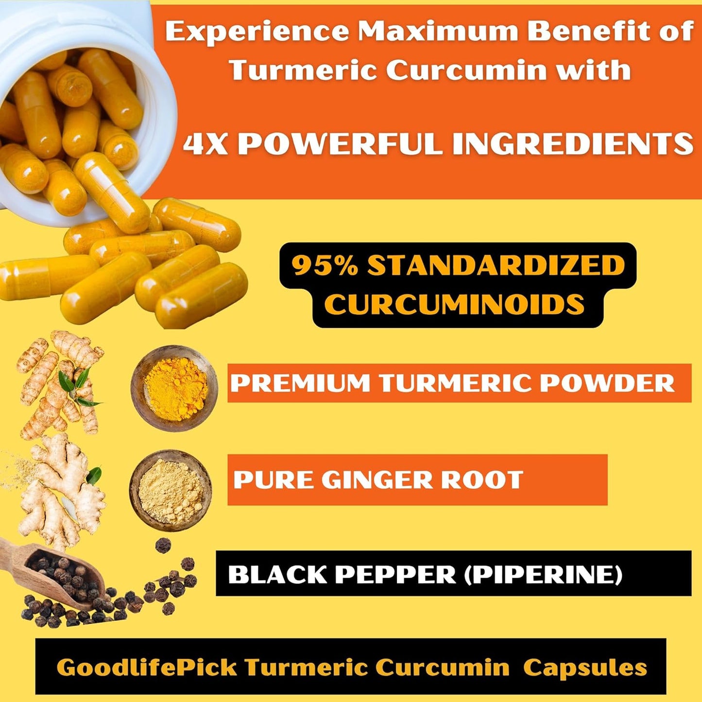 Premium Turmeric Curcumin with Ginger Capsules - Extra Strength Formula with 95% Curcuminoids & Black Pepper - Non-GMO, Gluten-Free - 90 ct