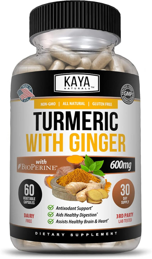 Premium Turmeric Supplement with Ginger, BioPerine, and 95% Curcuminoids - 1300mg Servings - 60 Veggie Capsules - Kaya Naturals