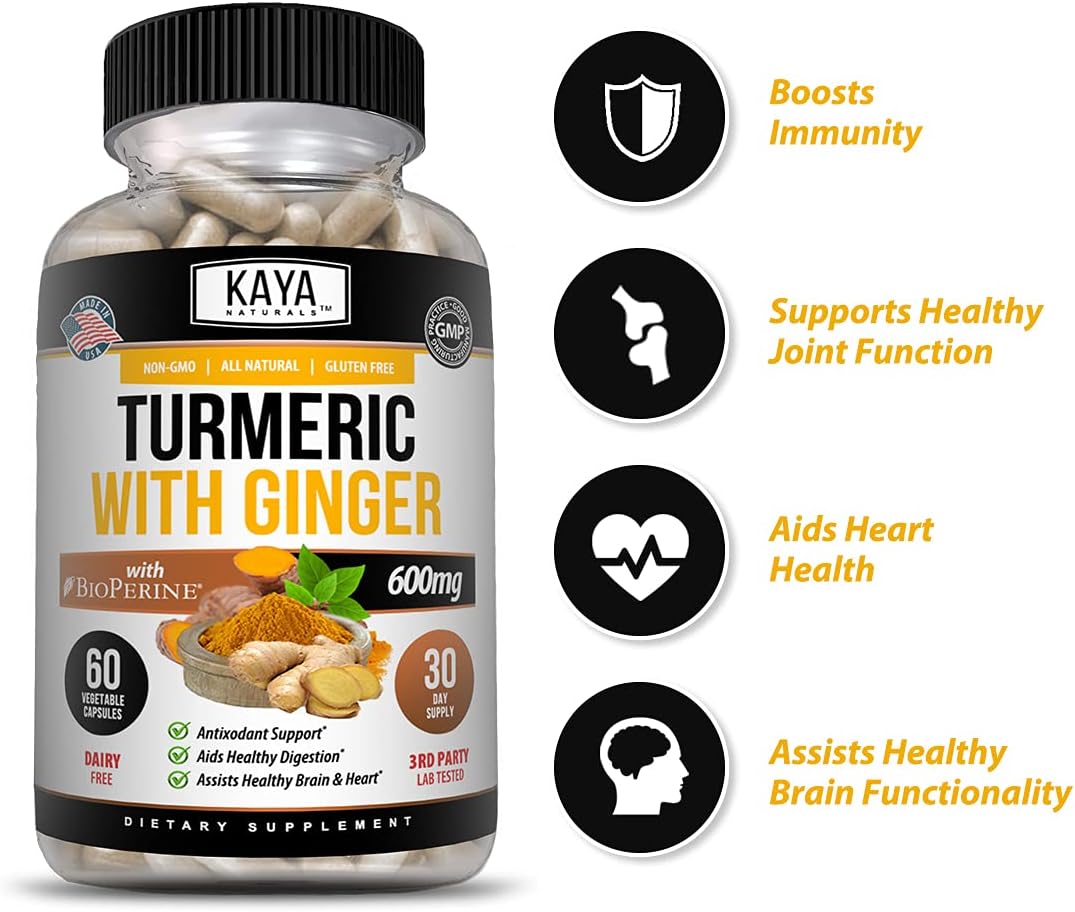 Premium Turmeric Supplement with Ginger, BioPerine, and 95% Curcuminoids - 1300mg Servings - 60 Veggie Capsules - Kaya Naturals
