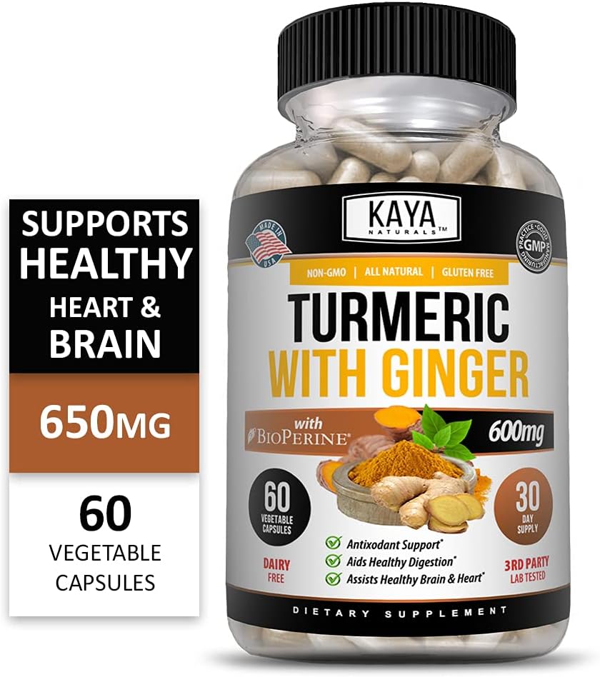 Premium Turmeric Supplement with Ginger, BioPerine, and 95% Curcuminoids - 1300mg Servings - 60 Veggie Capsules - Kaya Naturals
