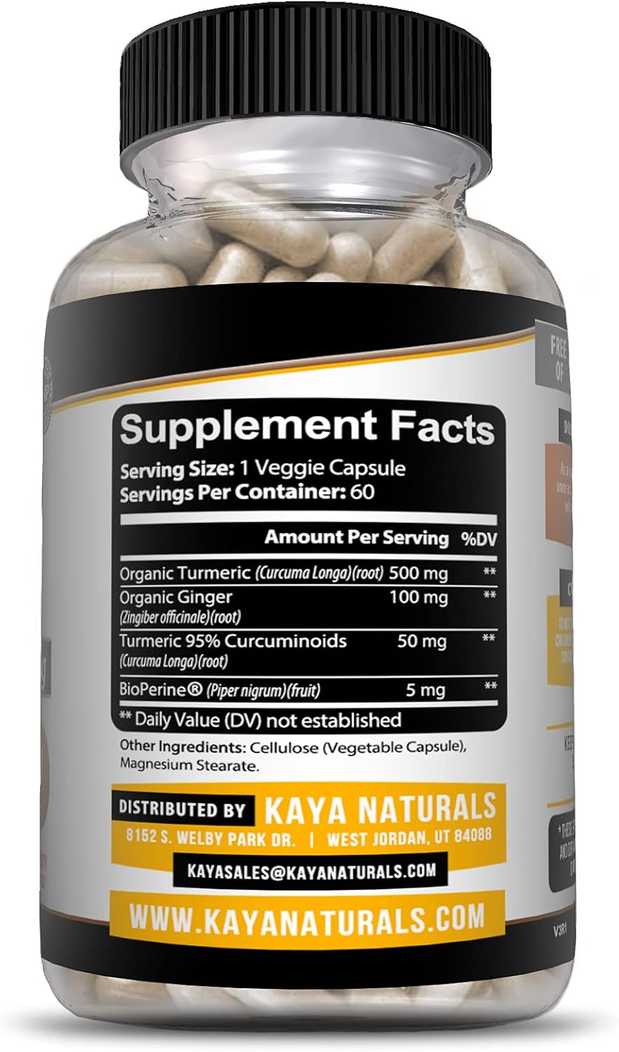 Premium Turmeric Supplement with Ginger, BioPerine, and 95% Curcuminoids - 1300mg Servings - 60 Veggie Capsules - Kaya Naturals