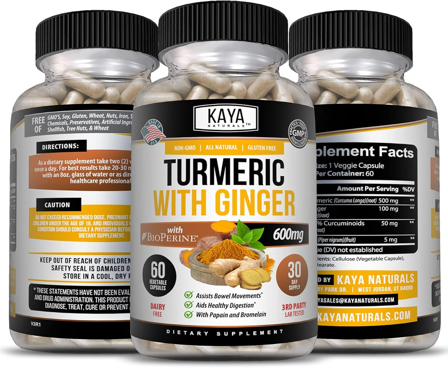 Premium Turmeric Supplement with Ginger, BioPerine, and 95% Curcuminoids - 1300mg Servings - 60 Veggie Capsules - Kaya Naturals