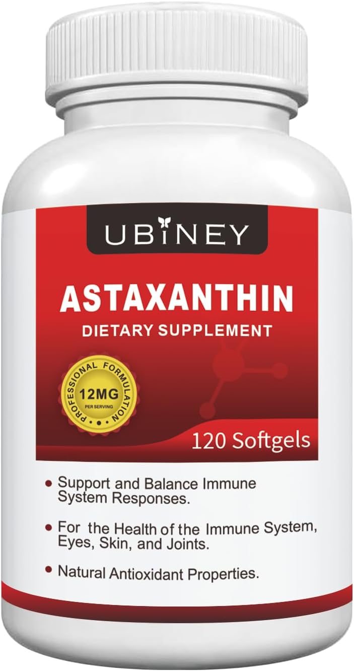 Premium Ubiney Astaxanthin Softgels - 12mg, 120 Servings - Immune, Skin, Eye & Joint Health Support - Non-GMO, Gluten-Free Supplement