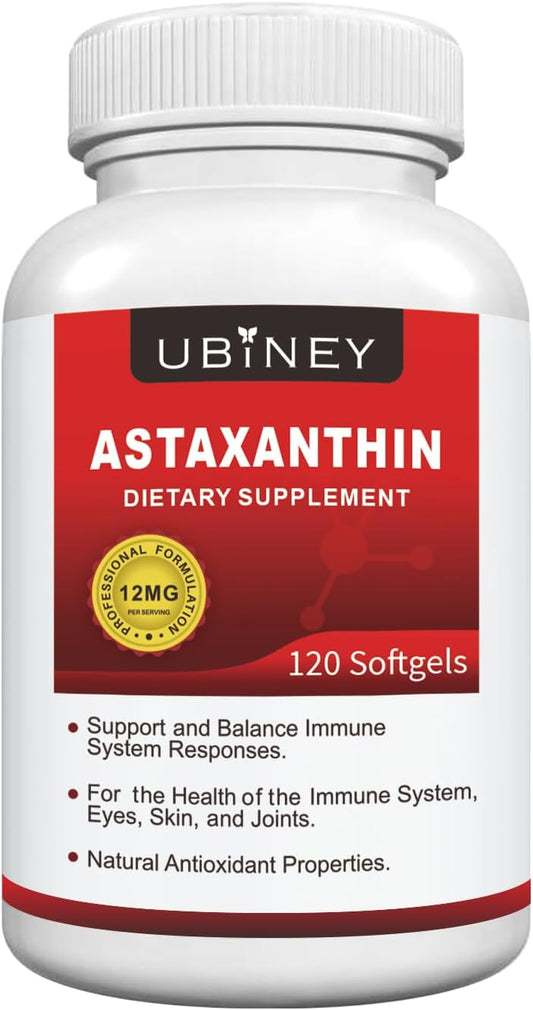 Premium Ubiney Astaxanthin Softgels - 12mg, 120 Servings - Immune, Skin, Eye & Joint Health Support - Non-GMO, Gluten-Free Supplement