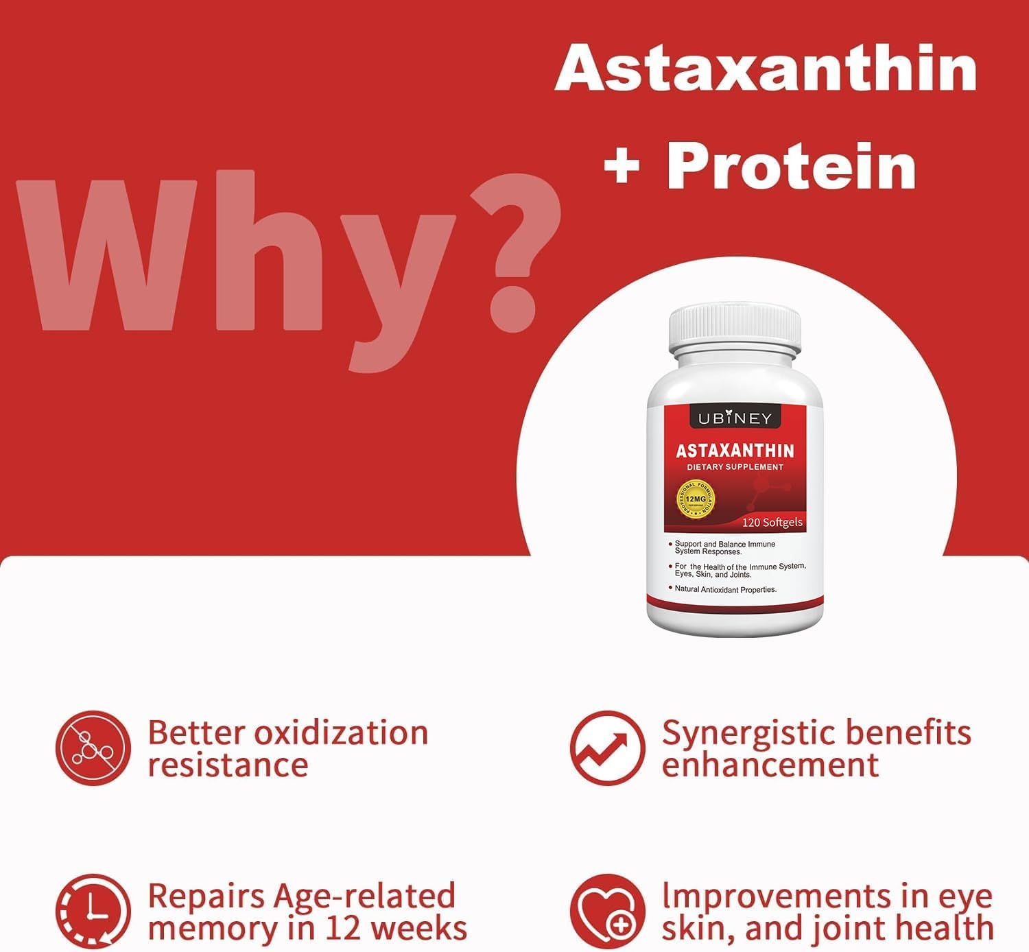 Premium Ubiney Astaxanthin Softgels - 12mg, 120 Servings - Immune, Skin, Eye & Joint Health Support - Non-GMO, Gluten-Free Supplement