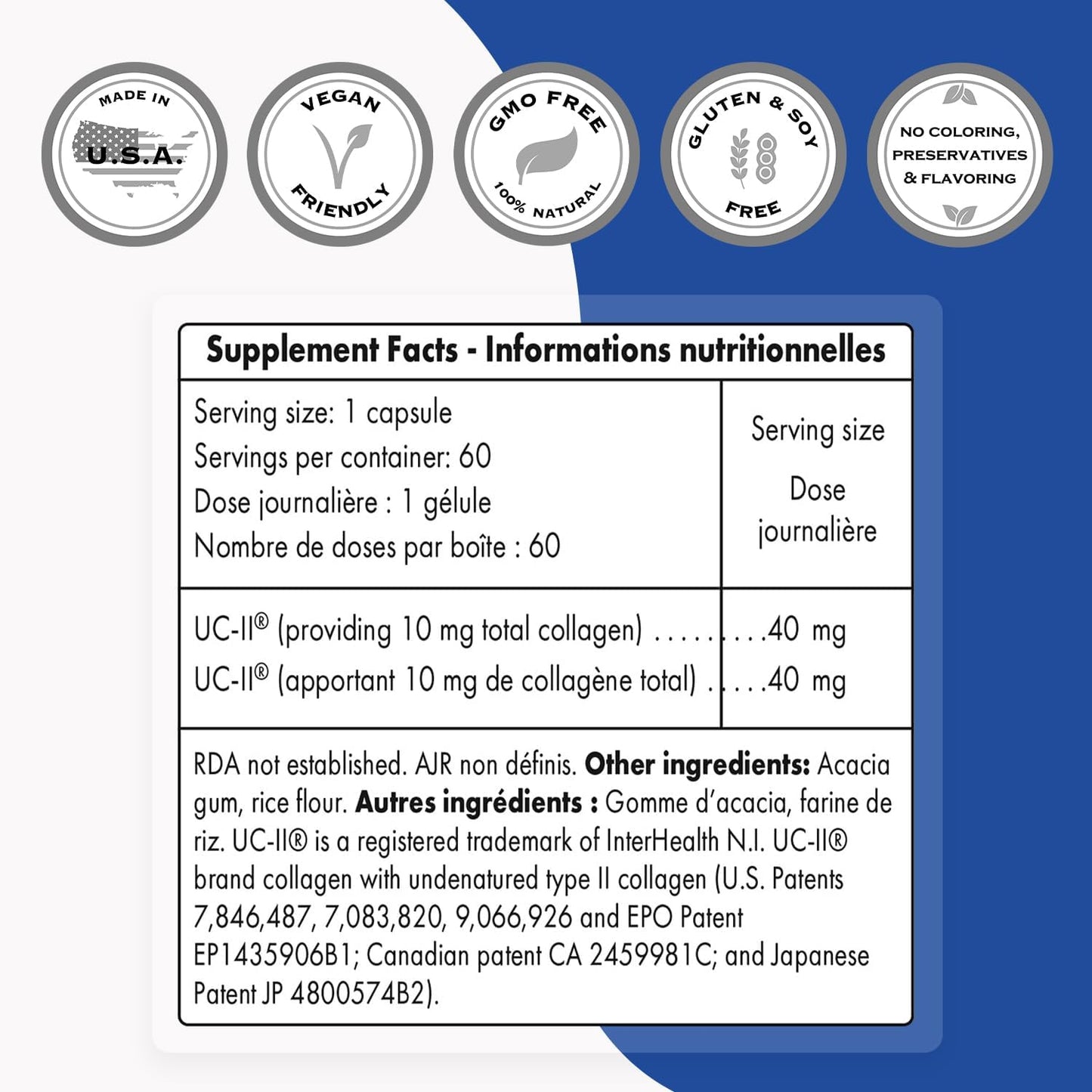 Premium UC II Collagen Supplement - 40mg Daily Dosage - Non-GMO & Gluten Free - 60 Vegetarian Capsules