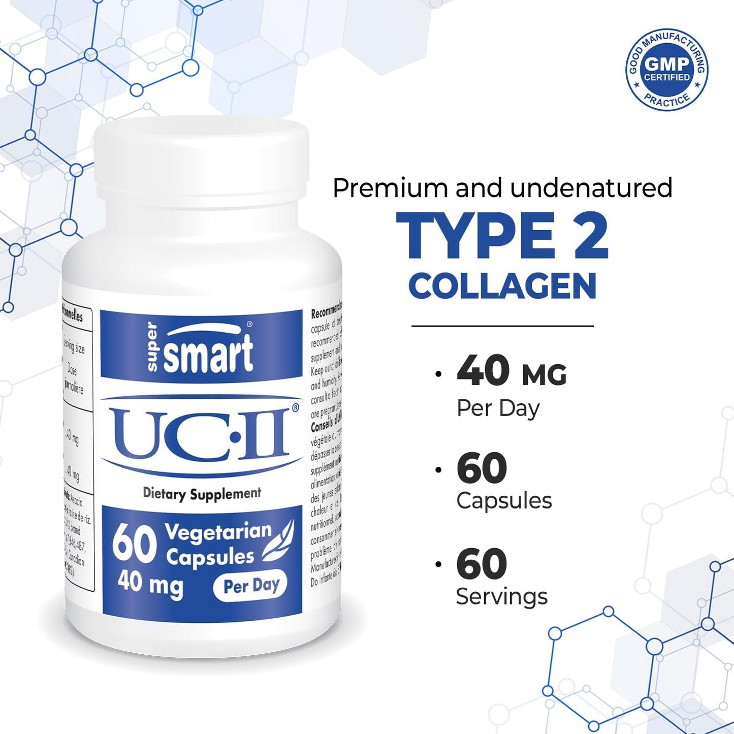Premium UC II Collagen Supplement - 40mg Daily Dosage - Non-GMO & Gluten Free - 60 Vegetarian Capsules