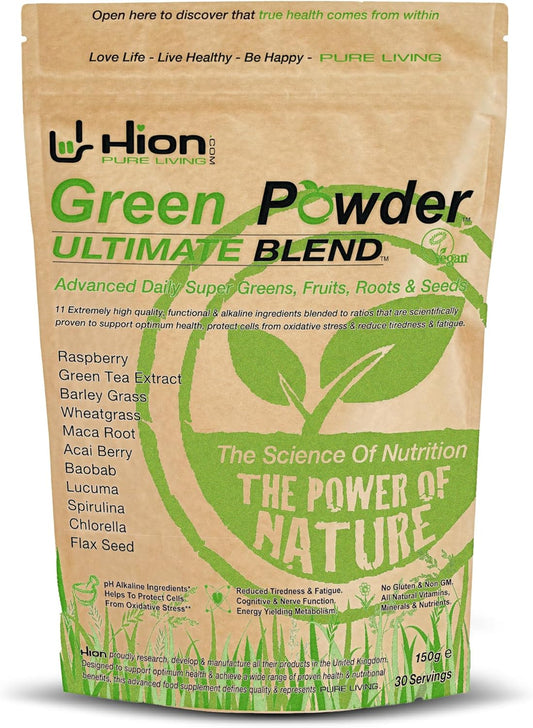 Premium Ultra-Pure Superfood Powder - Hion Green Powder Blend | 30 Servings | Vegan, Alkaline, Gluten-Free