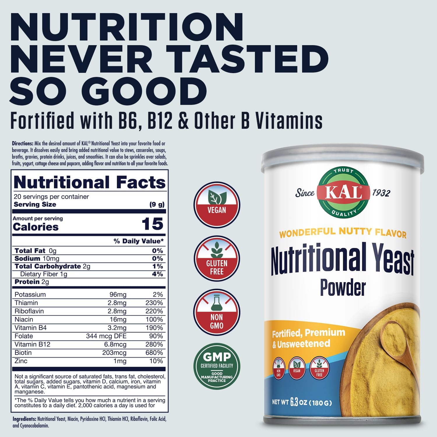 Premium Unsweetened Vegan Nutritional Yeast Powder with B6, B12, and Folic Acid - Gluten Free, Non-GMO, 6.3oz - 20 Servings