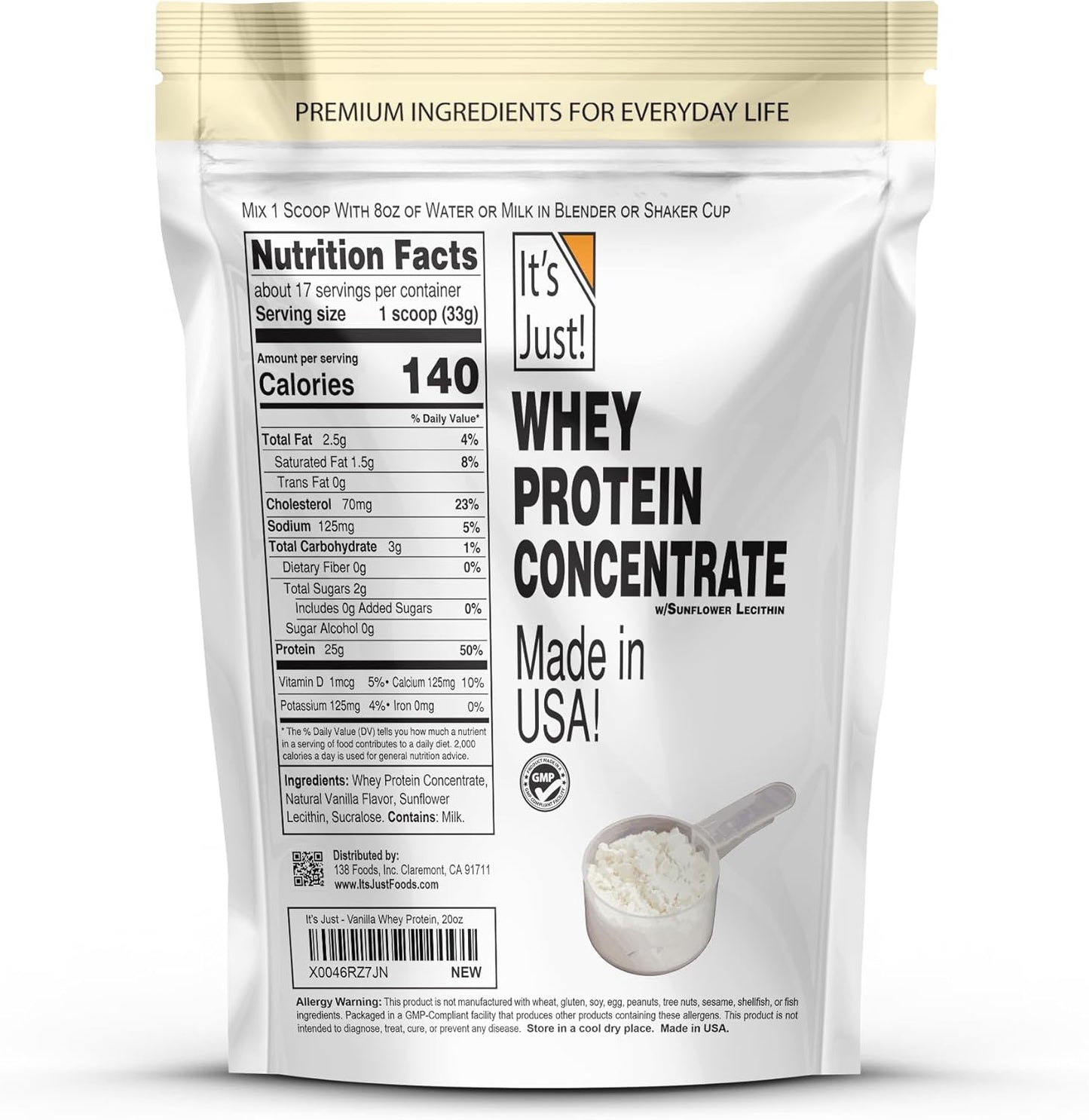 Premium USA-Made 100% Whey Protein Concentrate - Natural Vanilla Flavor (1.25 lb)