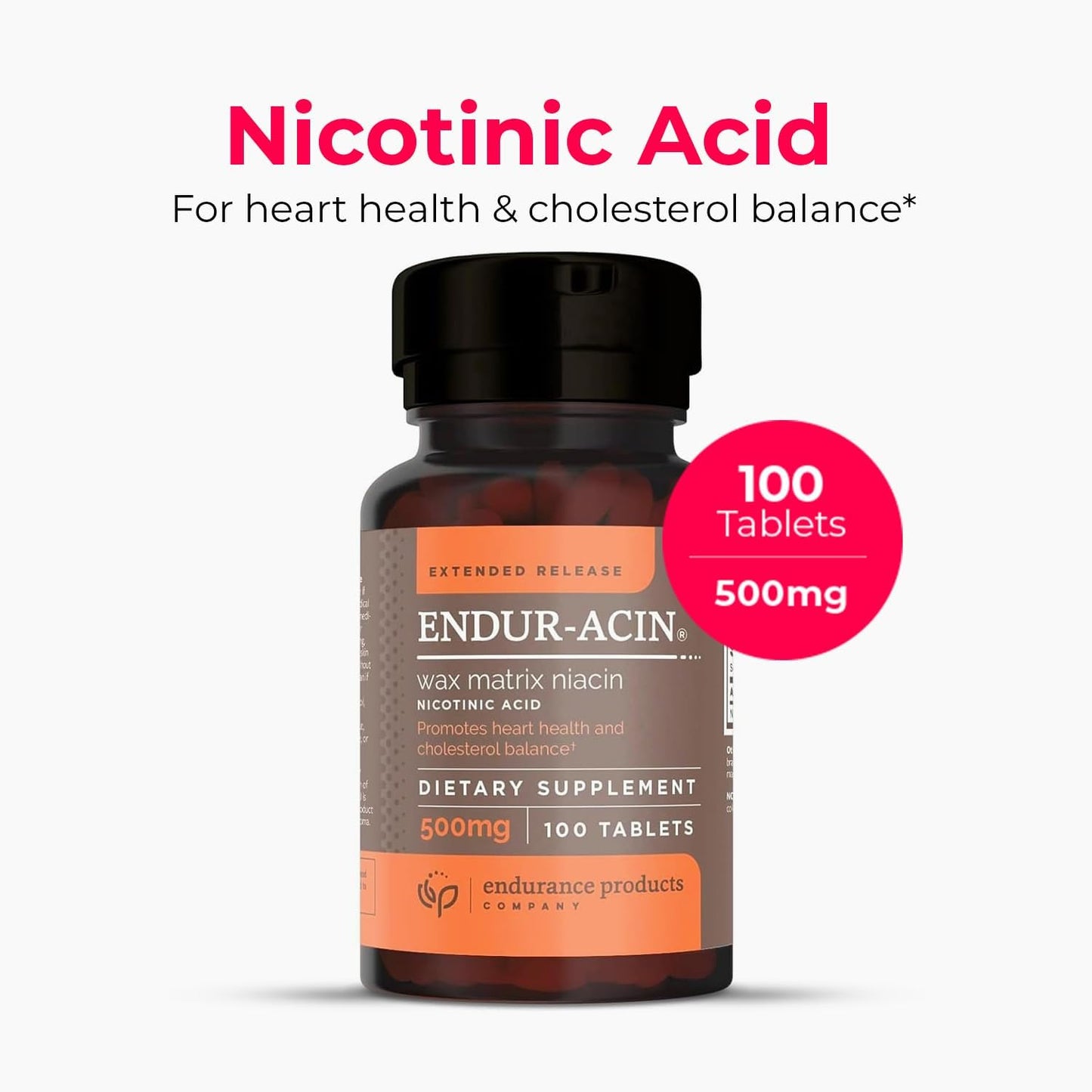 Premium USA-Made ENDUR-ACIN 500mg Niacin Supplement with Extended Release for Optimal Absorption & Low-Flush, 100 Tablets