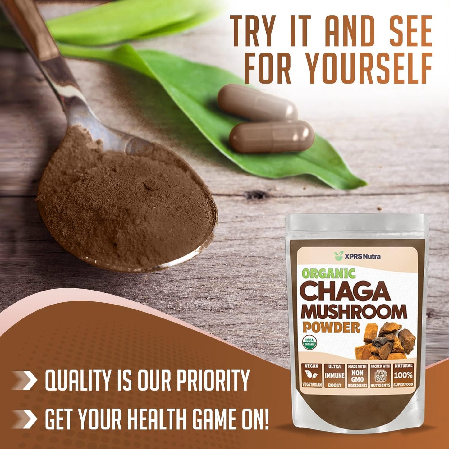 Premium USDA Organic Chaga Mushroom Powder - Immune-Boosting Vegan Superfood for Tea and Beverages