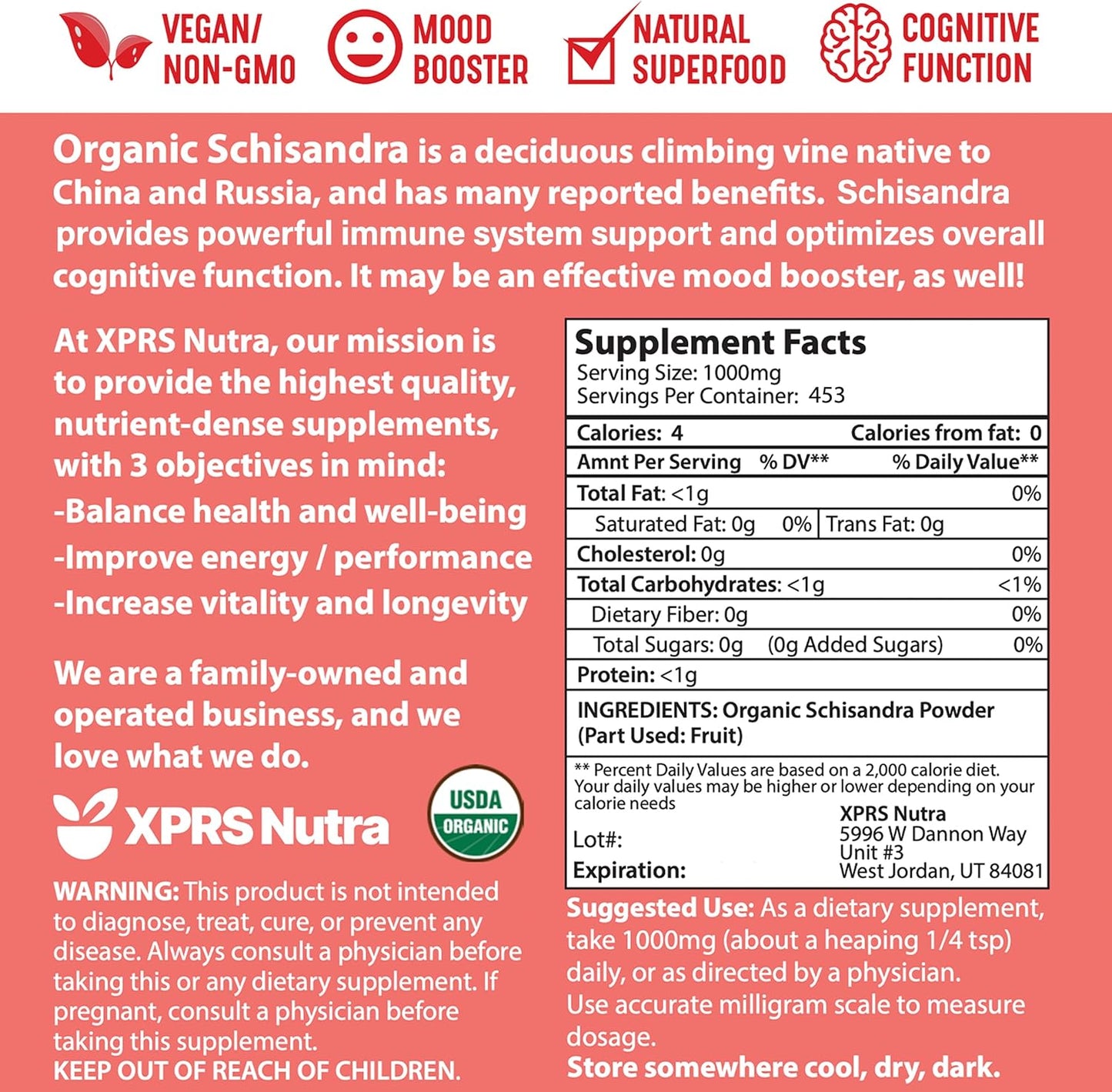 Premium USDA Organic Schisandra Berry Powder Extract for Cognition and Immunity - Vegan Superfood (16 oz)
