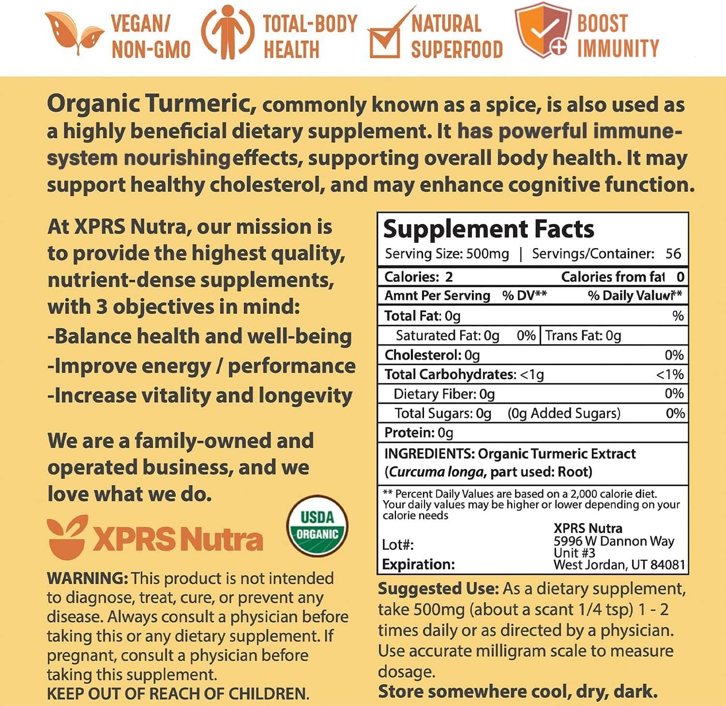 Premium USDA Organic Turmeric Curcumin Powder Extract 10:1 for Immunity & Gut Health - Vegan Friendly (1oz)