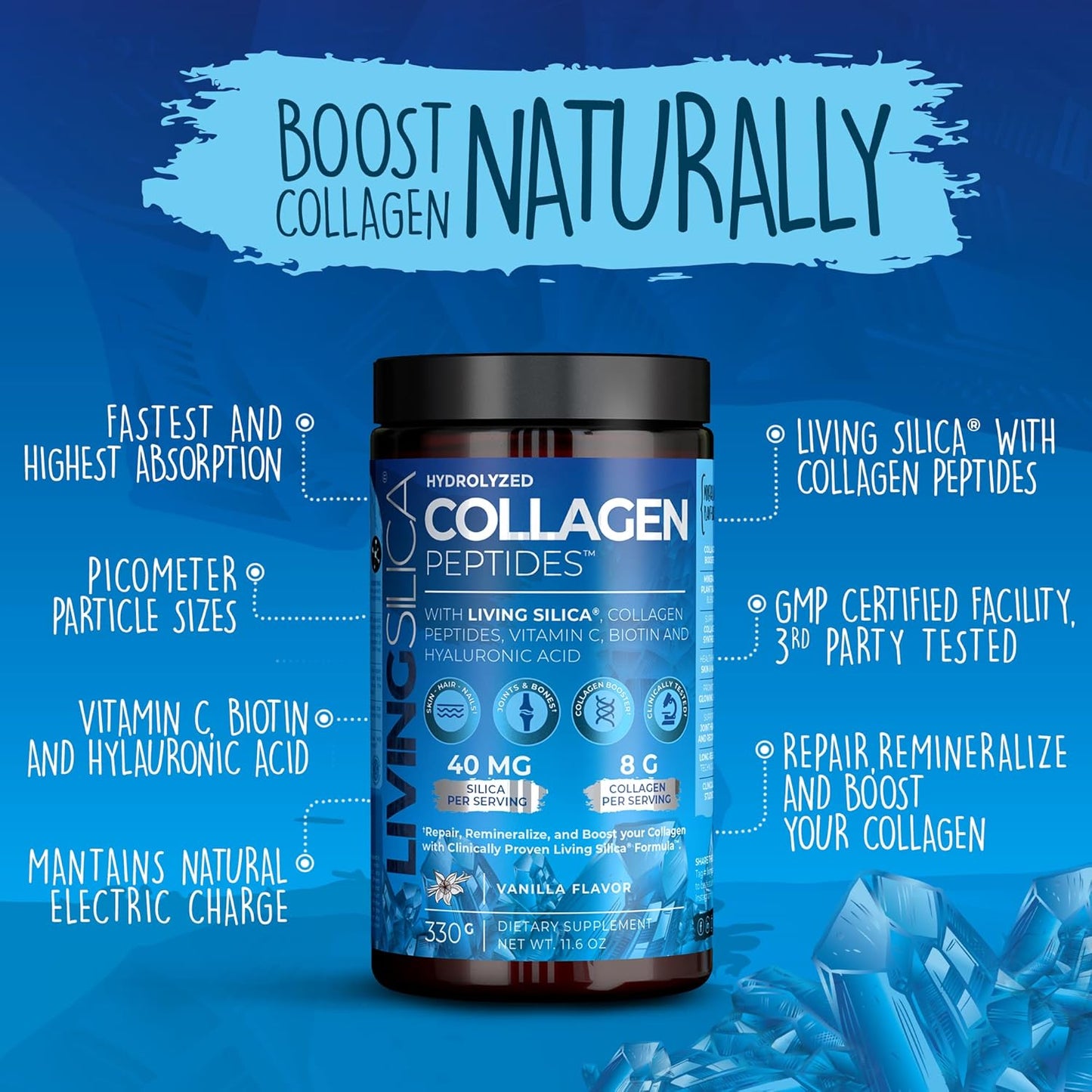 Premium Vanilla Collagen Powder with Hyaluronic Acid, Biotin, Silica & Vitamin C - 330g (33 Servings)