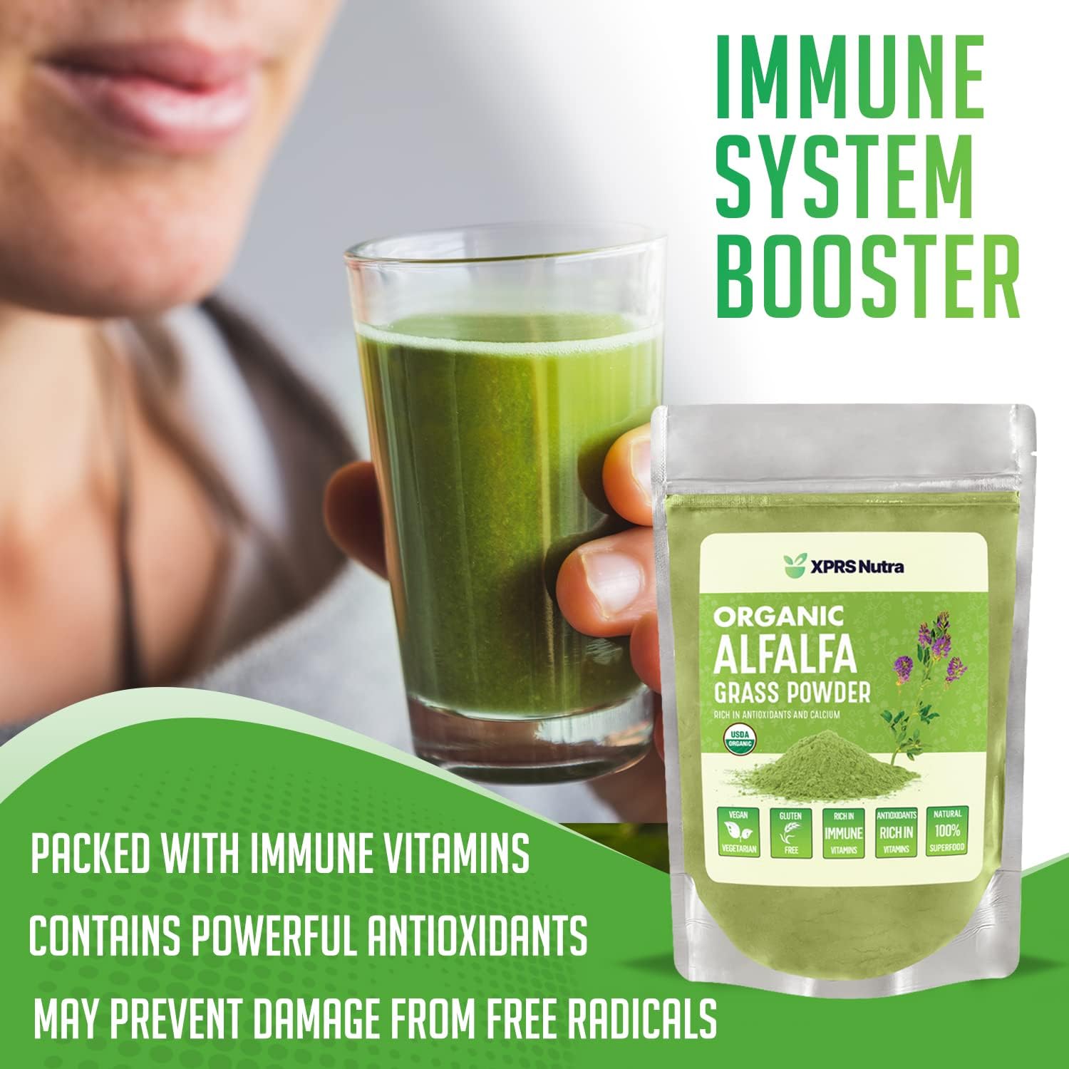 Premium Vegan Alfalfa Powder Supplement - Rich in Calcium, Antioxidants, and Vitamins - Organic Farmer Alfalfa for Kids and Adults - Vegan Friendly (8 Ounce)