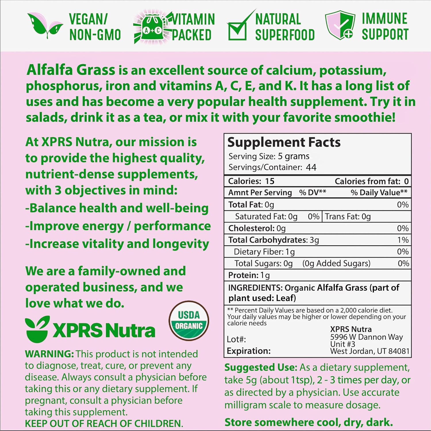 Premium Vegan Alfalfa Powder Supplement - Rich in Calcium, Antioxidants, and Vitamins - Organic Farmer Alfalfa for Kids and Adults - Vegan Friendly (8 Ounce)