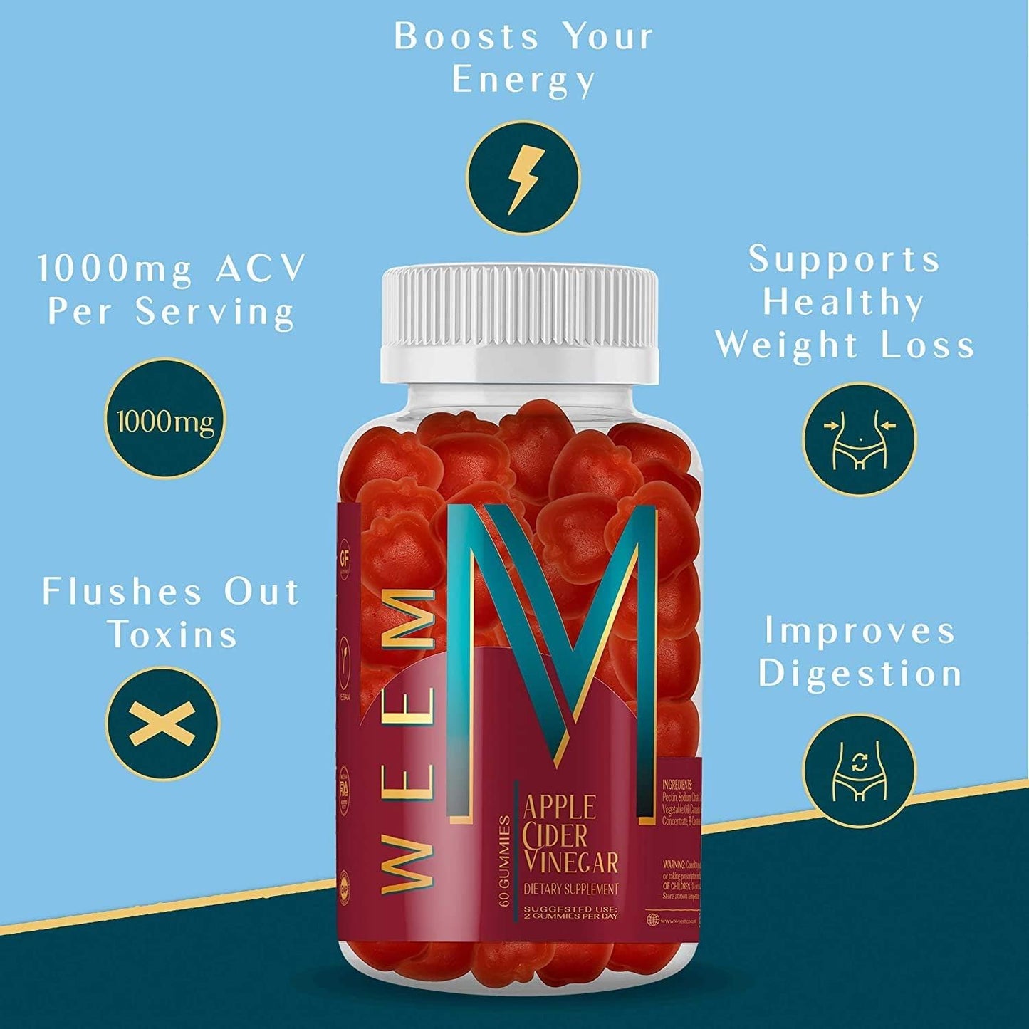 Premium Vegan Apple Cider Vinegar Gummies with Folic Acid and B12 - Gluten-Free Detox and Weight Supplement for Digestion in Women and Men - BoostGo Australia