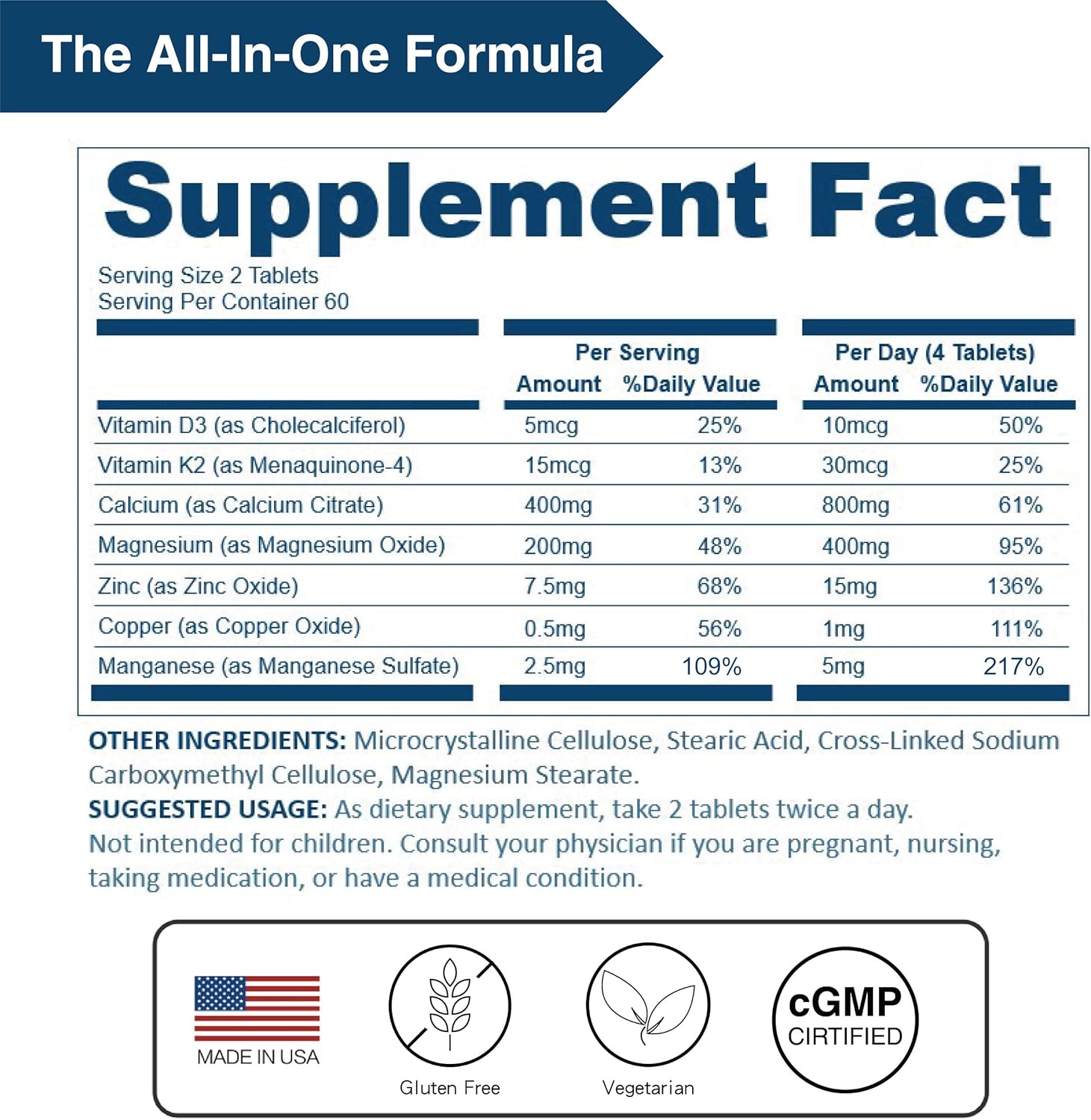 Premium Vegan Calcium Citrate Supplement with Vitamin D3 & K2 - 800 mg | 2:1 Ratio with Magnesium, Zinc, Copper, Manganese | Bone Health Support - 120 Tablets (Pack of 3)