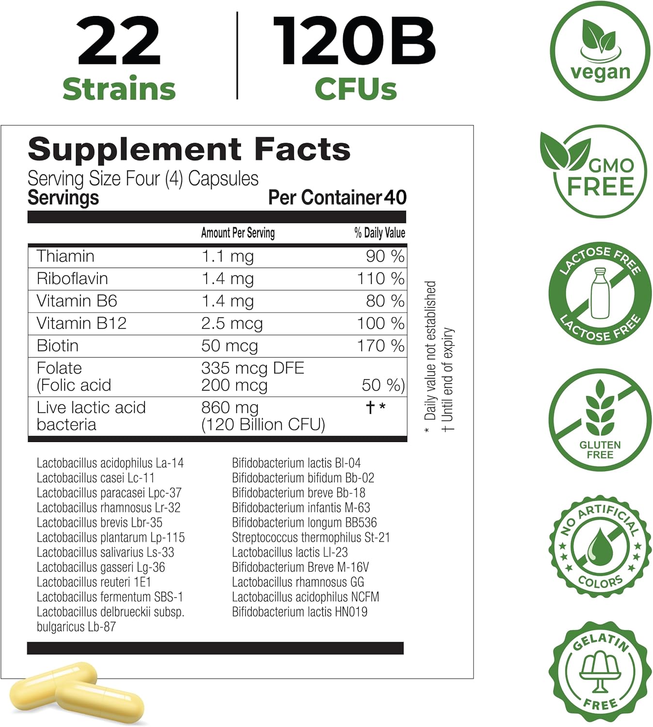 Premium Vegan Daily Probiotic Supplement for Gut Health - 120 Billion CFU, 22 Strains - Target Release Formula - 40 Capsules
