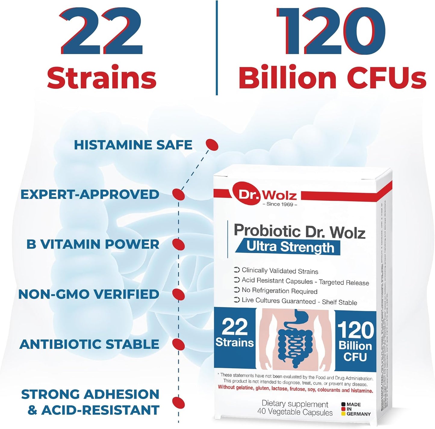 Premium Vegan Daily Probiotic Supplement for Gut Health - 120 Billion CFU, 22 Strains - Target Release Formula - 40 Capsules