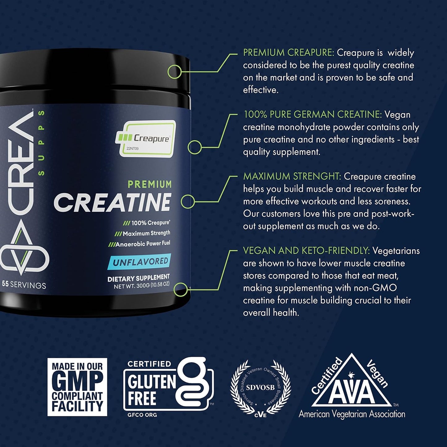 Premium Vegan Keto Gluten-Free Unflavored Creapure Creatine Monohydrate Powder - 300g